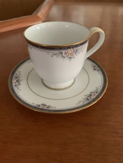 NORITAKE ONTARIO 3763 BLUE/GREY BAND PLATE AND CUP /FLORAL DESIGN AND GOLD TRIM. COLLECTABLE