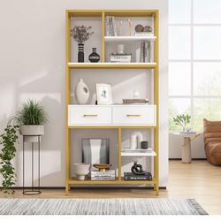 $99 Bookshelf, Tall Bookcase with 2 Drawers and Storage Shelves, Industrial Etagere Bookcase Book Shelves for Office, Living Room, White/Gold