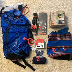 Assorted Camping / Hiking Gear: Osprey EXOS 58 Blue Ribbon, Osprey Waterproof Raincover, Superfeet Adapt Insoles, Darn Tough Socks, Cocoon Travel Blan