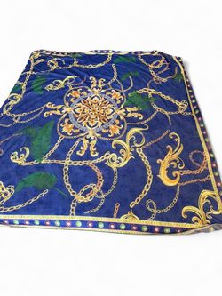 Blue polyester & elastane beach cover up with gold chains and green leaves, size S