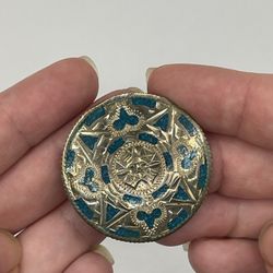 Vintage Circle Pendant/Pin Brooch Silver With Turquoise Markings - 1.5 Diameter 