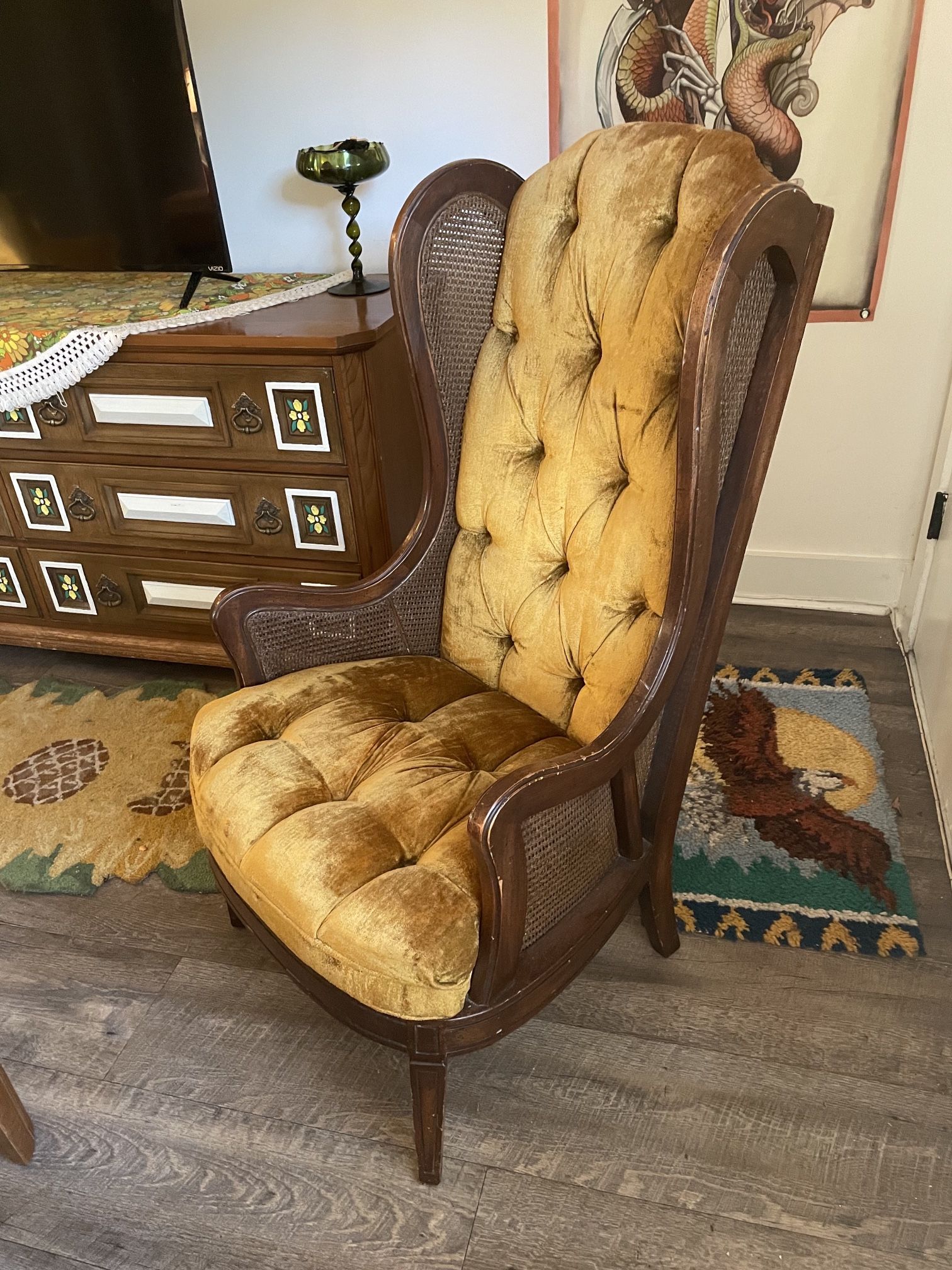 Vintage 70s Hollywood Regency Gold Crushed Velvet Caned Wingback High Back Chair