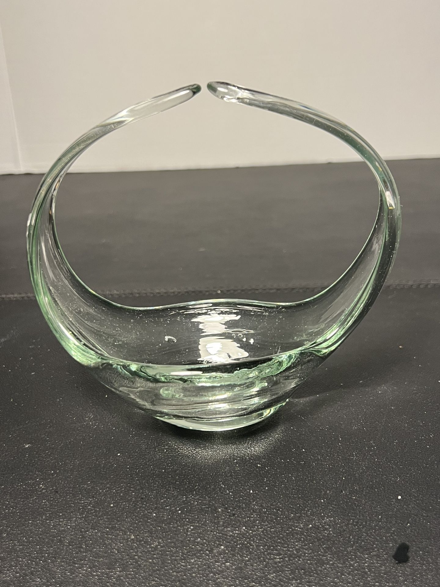 Artisan 1960s Pale Green Sculptural Basket Vase Handblown Glass, 5x5 in
