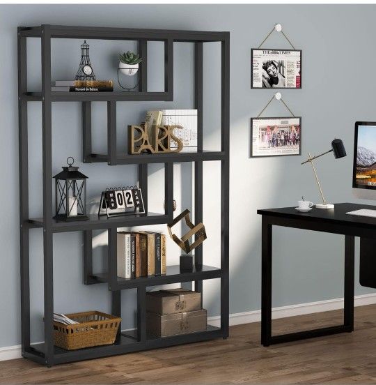 TRIBESIGNS WAY TO ORIGIN 6-Shelf Modern Bookshelf, Idustrial Etagere Bookcase, 69 Inch Tall Storage Display Staggered Shelves with Sturdy Metal Black