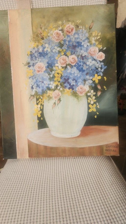 Vintage 1940 Signed By Cheryl DeVore Or Pain On Canvas Floral Boutique And They White Vase On A Table Artist In Excellent Condition 8x16 In Wide