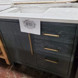 36in Black Modern Bathroom Vanity With Electrical Outlets Inside