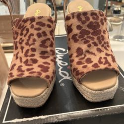 Qupid Tan Leopard Open Toe Wedges