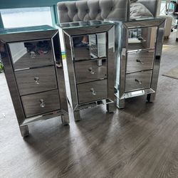 Set Of 3  Mirrored Side End Tables