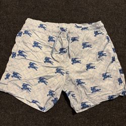 Burberry Monogram Print Silk Trunks Light Blue/Navy Size Large