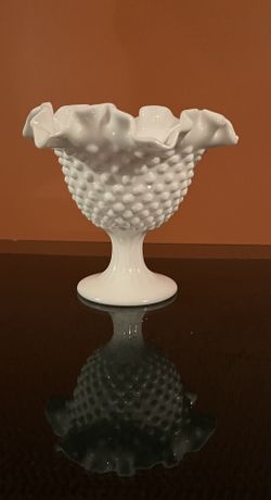 Rare Find! Vintage Fenton Hobnail Milk Glass Candle Bowl #3771 with Ruffled Rim