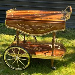 Vintage Italian Marquetry Inlaid Wood Serving Bar Tea Cart 