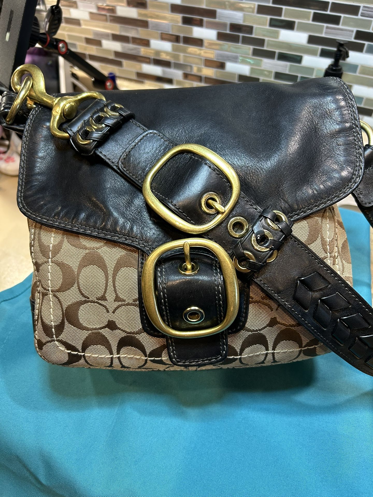 COACH BLEEKER SIGNATURE CANVAS LEATHER FLAP SHOULDER BAG