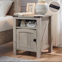 New Barn Door Collection 18" Side Table in Light Rustic Oak  1 Farmhouse Nightstand – Charging Station & End Table  Brand new in box - Assembly is req