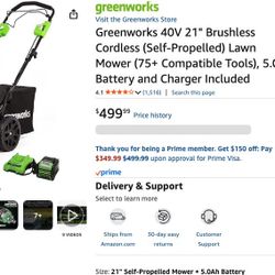 Green works Electric Lawnmower 21” 5.0Ah Battery 