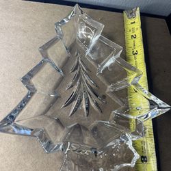 Vintage clear glass crystal Christmas Tree shaped candy or nut dish with a frosted Holly 