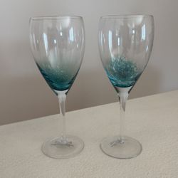 Set of 2 Roscher & Co Wine Glasses Teal Blue Air Bubbles 