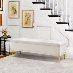 Beige Chenille Modern Storage Bench with Wood Frame and Gold Metal Leg End of Bed Storage Ottoman