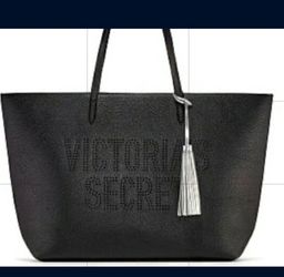 NEW Victoria Secret Black Faux Leather Tote With Silver Tassel Retails $58  12 inch tall 20 inch wide New