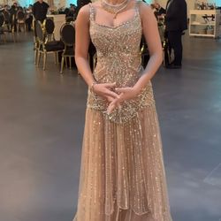 Elegant Beaded Gold Evening Gown 