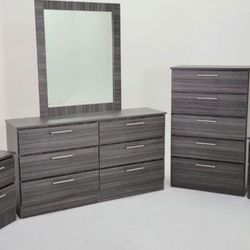 Dark Grey Charcoal Bedroom Set: Dresser, Chest, Mirror And 2 Nightstands