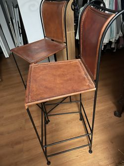 Two Leather And Metal Barstools