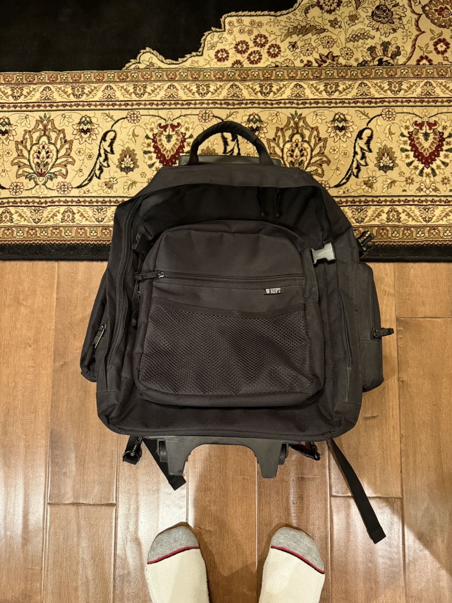 Backpack with wheel and pull handle