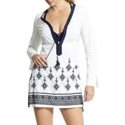 ATHLETA White Navy Blue Embroidered Desert Diamond Kimssa Tunic Dress