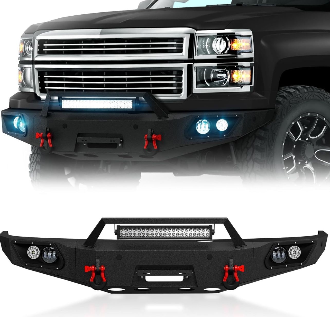 Off-Road Front Bumper Compatible with 2014 2015 Chevy Silverado 1500 Pickup Truck Bumper Equipped with Winch Plate, 5 x LED Lights, License Plate Brac