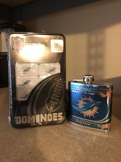 Miami Dolphins double six dominoes and 6 oz stainless steel flask