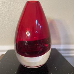 Vintage Clear/ Ruby Red Hand Blown Vase8”T . Clear Bottom Red  Bowl Heavy 