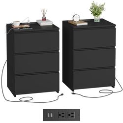 Black Nightstand Set of 2, 26" H Night Stand Set 2 with Charging Station, Black Night Stand with USB Ports & Power Outlets, Silent Slides, 
