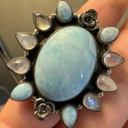Adjustable Large Larimar Ring with Moonstone