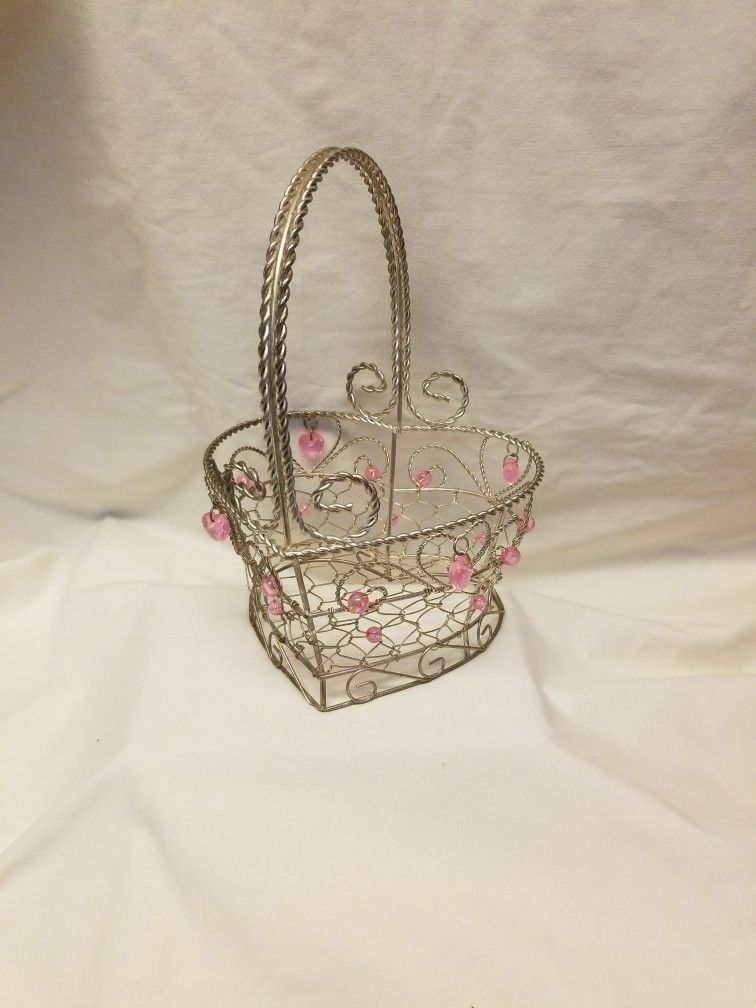 Silver Wire Heart Basket With Pink Beads