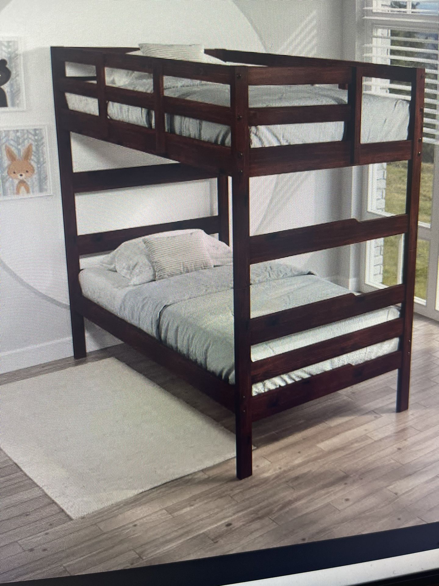 Brand New Twin Over Twin Size Cappuccino Wooden Bunk Bed With 2 New Mattress 