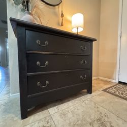 Antique Three Drawer Wooden Dresser With Glass Top 