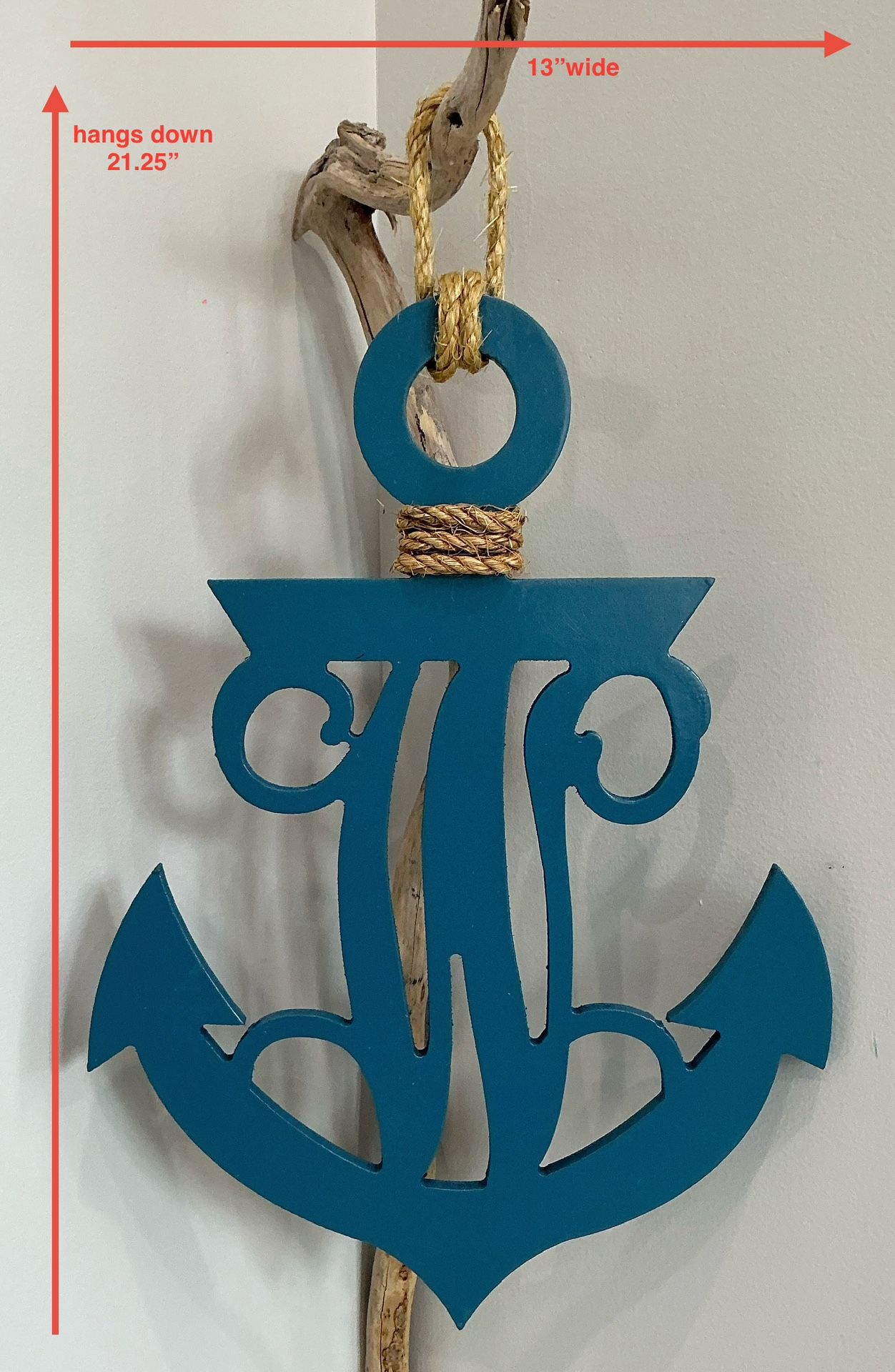 Freshly Painted Coastal Blue Decorative Hanging Anchor with Rope Accents