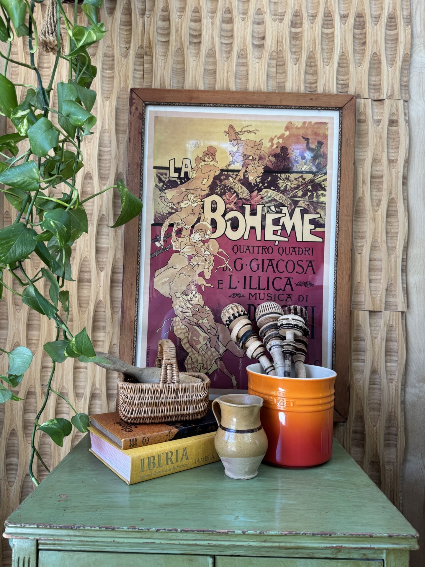 Vtg La Boheme Poster Large Wood Frame Puccini Opera Red Bold Boho French Graphic Decor Cottage Chic