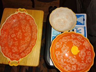 Temp-tations Floral Lace Orange Serving Set - Platter, Bowl, and Lidded Dish