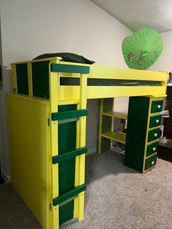 Solid Wood Loft Bed, Hand Painted (green & yellow)