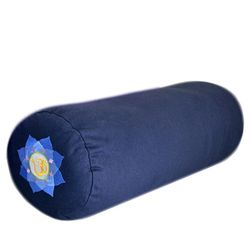 YogaAccessories Supportive Natural Cotton and Synthetic Batting Portable Round Yoga Bolster with Embroidered Lotus Flower and Removable Cover, Blue