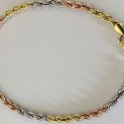 3.5mm 10k Gold Tri Color Rope Bracelet 7.5inch