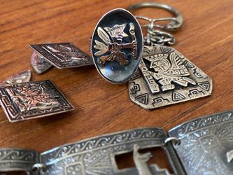 Vintage Peru Jewelry: Ring, Bracelet, Cuff Links, Key Chain 