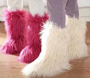 Dark Pink And Off White Furry Fur Boots