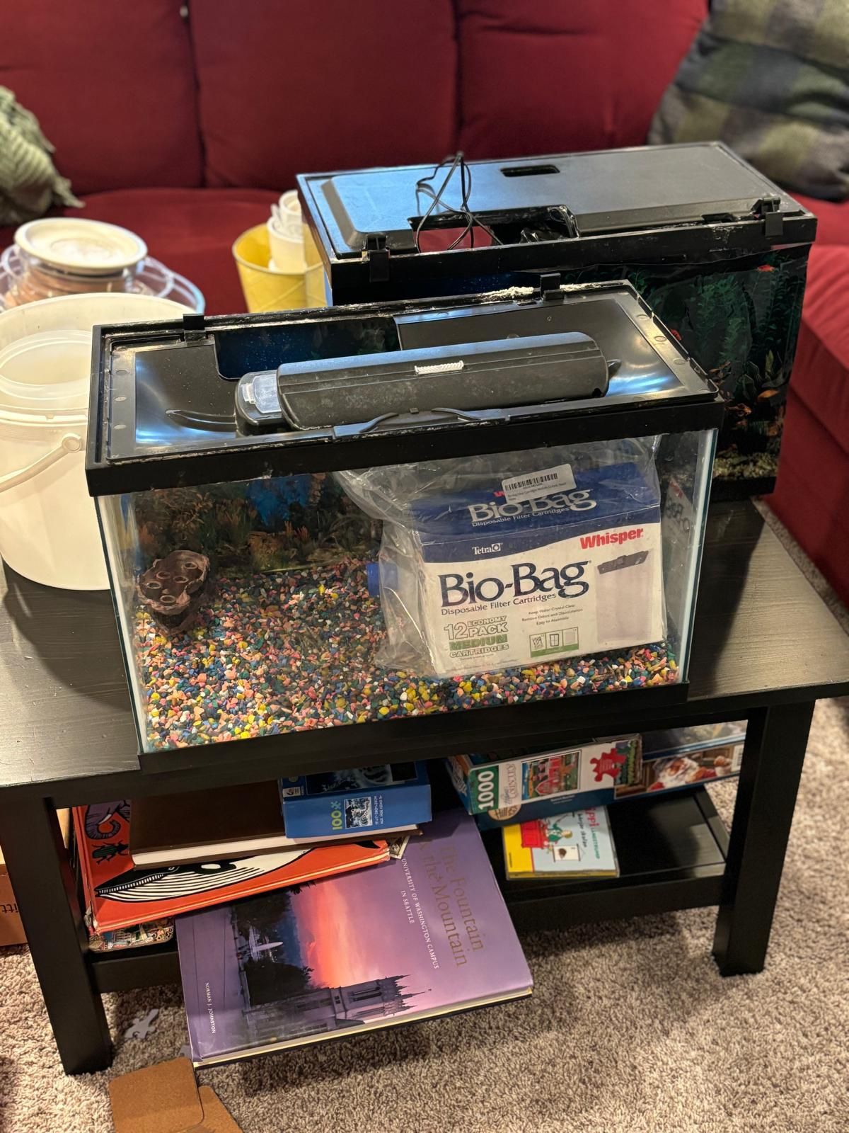 Two Fish Tanks With Accessories And Chemicals