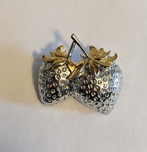 Strawberries Double Brooch Pin Charm Rhinestones Gold Leaves Silver Tone 1.5" X 1.5"
