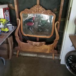 Oak Mirror And Yoke For Dresser. Antique Or Close To It. Beveled Mirror. 