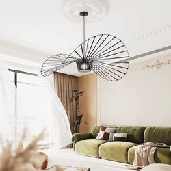 Black Chandelier, D39 Creative Straw Hat Shape Pendant Light, Stretch Fabric+Fiberglass Material