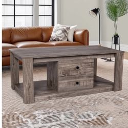 MINCETA Coffee Table,Modern Wooden Rectangle Coffee Tables with Storage,2 Drawer Center Table for Living Room,Drifted Gray