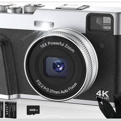 4K Digital Camera for Photography, Autofocus 48MP Vlogging Camera with Flash & Viewfinder, Anti-Shake 16X Zoom Portable Travel Point and Shoot Camera,