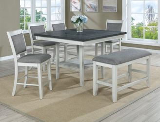 6 Piece Counter Height Table Set With Built In Lazy Susan in Two Tone Grey and Chalk White Finish